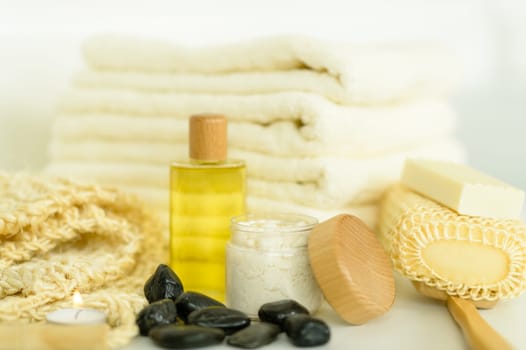 Close-up of spa body care products wellness treatment