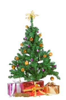 Christmas tree decorated with golden baubles surrounded by decorative giftwrapped gifts isolated on white