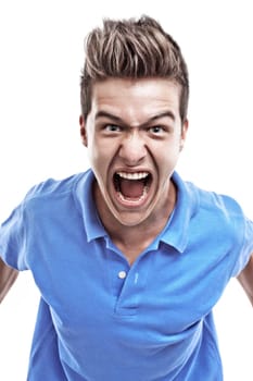 Angry young man in blue blouse shouting