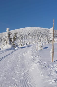 Winter mountain landscape scenery with cross country skiing way. Horizontally. (Mountains Jeseniky, Czech Republic)