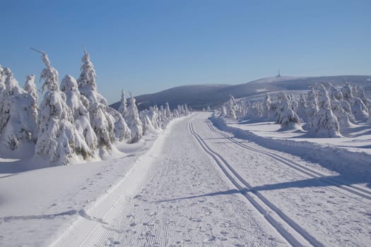 Winter mountain landscape scenery with cross country skiing way. Horizontally. (Mountains Jeseniky, Czech Republic)