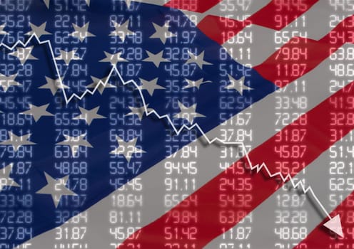 Crisis in USA - Shares Fall Graph on United States of America Flag