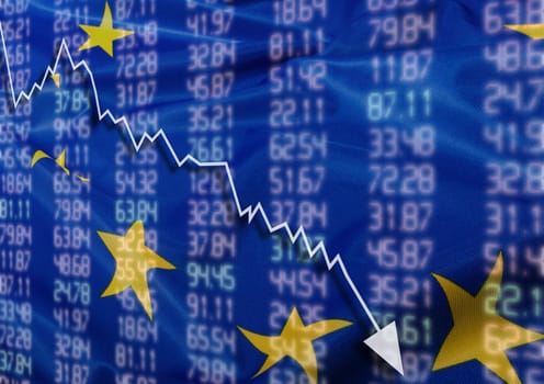 Crisis in Europe - Shares Fall Graph on European Union Flag