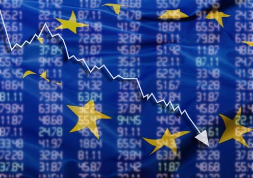 Crisis in Europe - Shares Fall Graph on European Union Flag