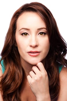 Beautiful female face with perfect skin and long wavy hair, pimple acne free skincare concept, isolated.