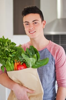 Good looking young man holding bag of fresh groceries