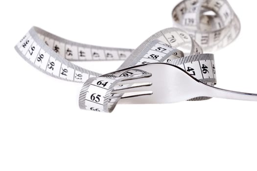 Measuring tape is guided by a fork against a white background