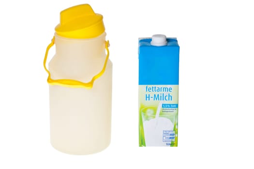 Plastic milk jug and milk carton - Old plastic milk jug and modern beverage packaging against white background