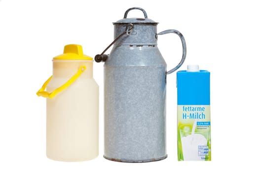 Milk containers - the day before yesterday - yesterday - today - Three generations of milk cans and packaging isolated against white background
