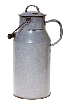 Old tin milk jug - Old enamelled metal milk jug against white background