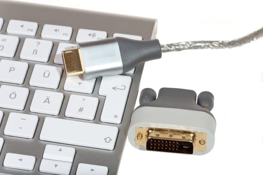 HDMI to DVI Converter Male - HDMI to DVI Converter Male and Modern Computer Keyboard Isolated Against White Background