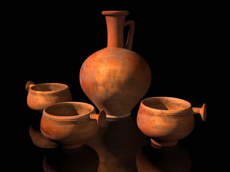 Illustration of ancient Roman dippers or drinking cups with a wine jug