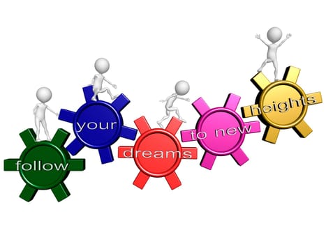 A team of people walking upward on connected gears with the words follow your dreams to new heights symbolizing the elements necessary to achieve a goal and be successful in business