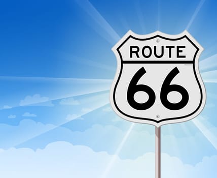 Illustration of blue cloudy background with Route 66 Sign in foreground