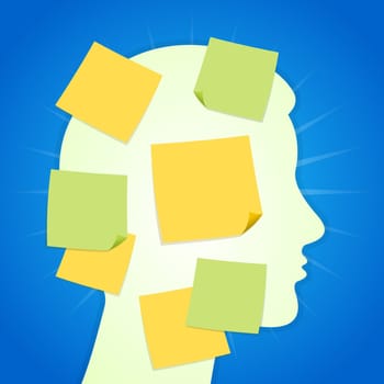 Head silhouette full of yellow and green memo notes