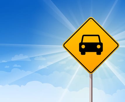 Yellow sign with car symbol on blue background with sun rays