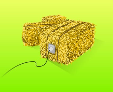Handmade yellow straw bales on green background
