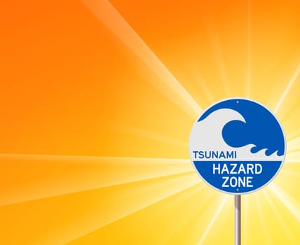Blue information notice with tsunami wave and yellow background