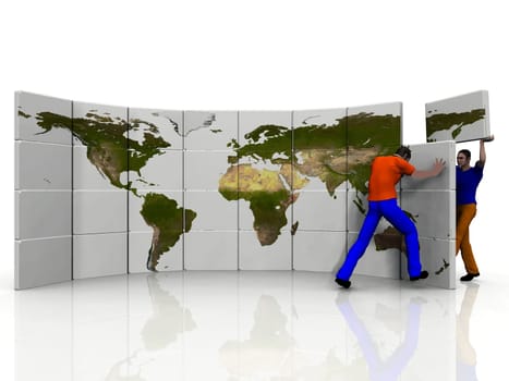 men works with earth map