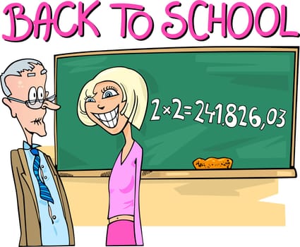 Back to School: Cartoon Humorous Illustration of Teenage Girl doing Mathematics Task at Blackboard and Surprised Teacher