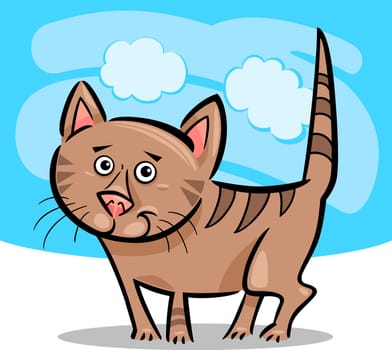 Cartoon Illustration of Cute Brown Tabby Cat or Kitten Against Blue Sky