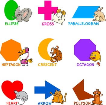 Cartoon Illustration of Basic Geometric Shapes with Captions and Animals Comic Characters for Children Education