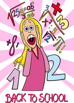 Cartoon Humorous Illustration of Teenage Girl Student Frightened of Coming Back to School and Difficult Math Tasks