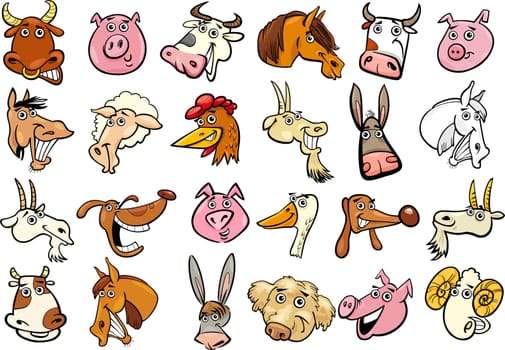 Cartoon Illustration of Different Funny Farm Animals Heads Huge Set