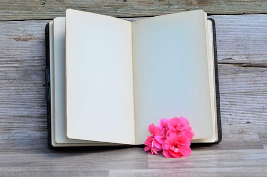 old poetry album rose on old wood background