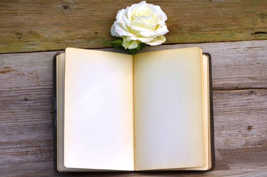 old poetry album rose on old wood background
