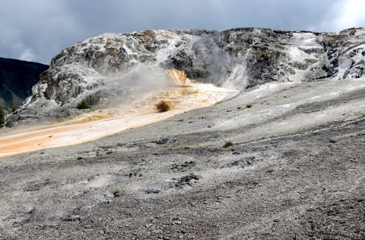 overview of Mammoth Hot Springs in Yellowstone National Park in Wyoming in the United States of America