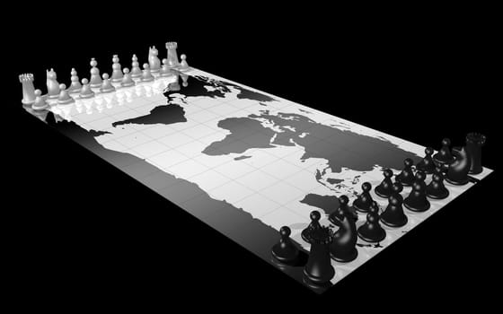 World map with white and black chess piece, illustrating the concepts of world domination, war, global competition