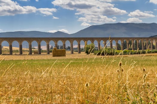 roman aqueduct at pamplona city in navarra spain