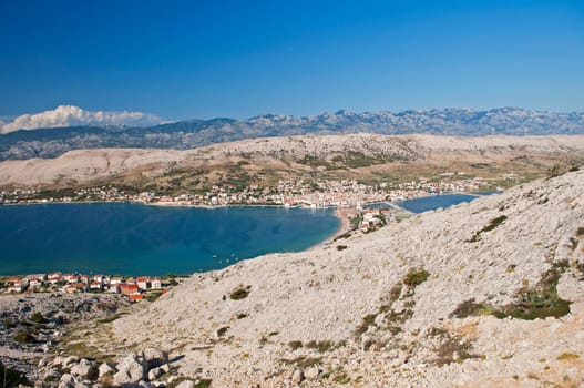 Panoramic view of Pag city, Pag island, Croatia