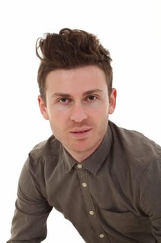 Full portrait of young handsome man in brown shirt