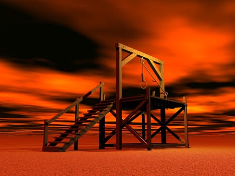 Medieval gallows made of wood by red cloudy night