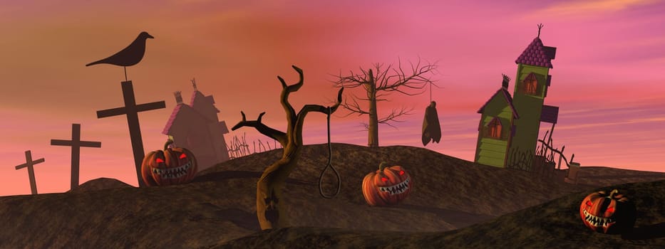 Halloween pumpkins and houses, trees, crosses, crow and dead man by colorful sunset