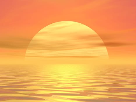 Big yellow sun shining while sunset over the ocean