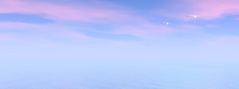 Quiet seagulls flying upon ocean by evening light