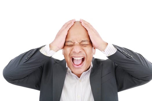 African American businessman screaming.