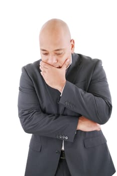 Portrait of a pensive worried businessman in studio on isolated white background