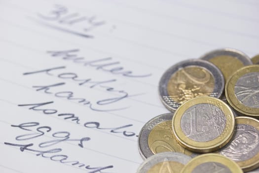 Macro of shopping list with a euro coins. Background. Horizontally.