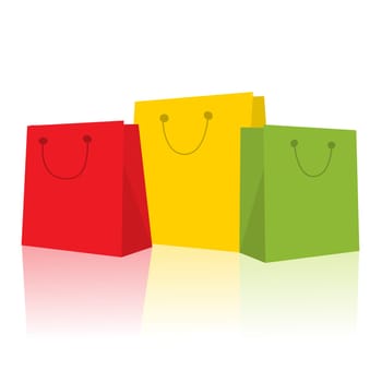 Three smiling shopping bags in red, green and yellow against white