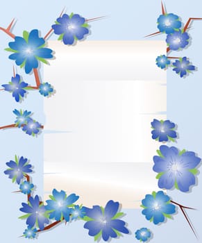 Floral frame design with blue flowers over old paper with room for text