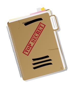 Top secret folder with files, notes and papers, isolated and grouped objects over white background, no mesh or transparencies used.