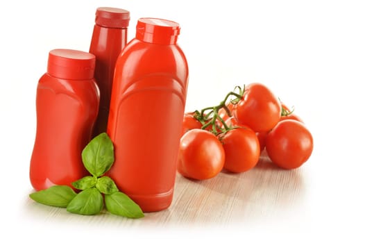 Composition with ketchup and fresh tomatoes isolated on white