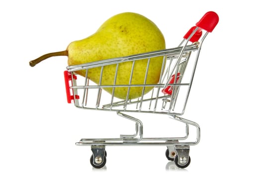 shopping cart with green pear on white background
