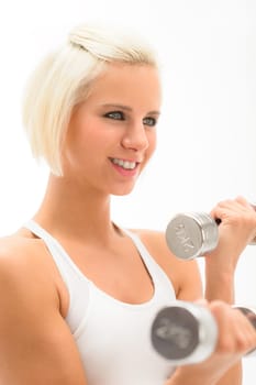 Sportive blond woman exercise biceps with weights isolated on white
