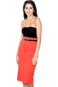 Beautiful sexy young woman in red pencil skirt
