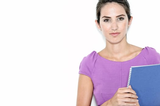 Professional business woman holding blue folders in a purple smart dress